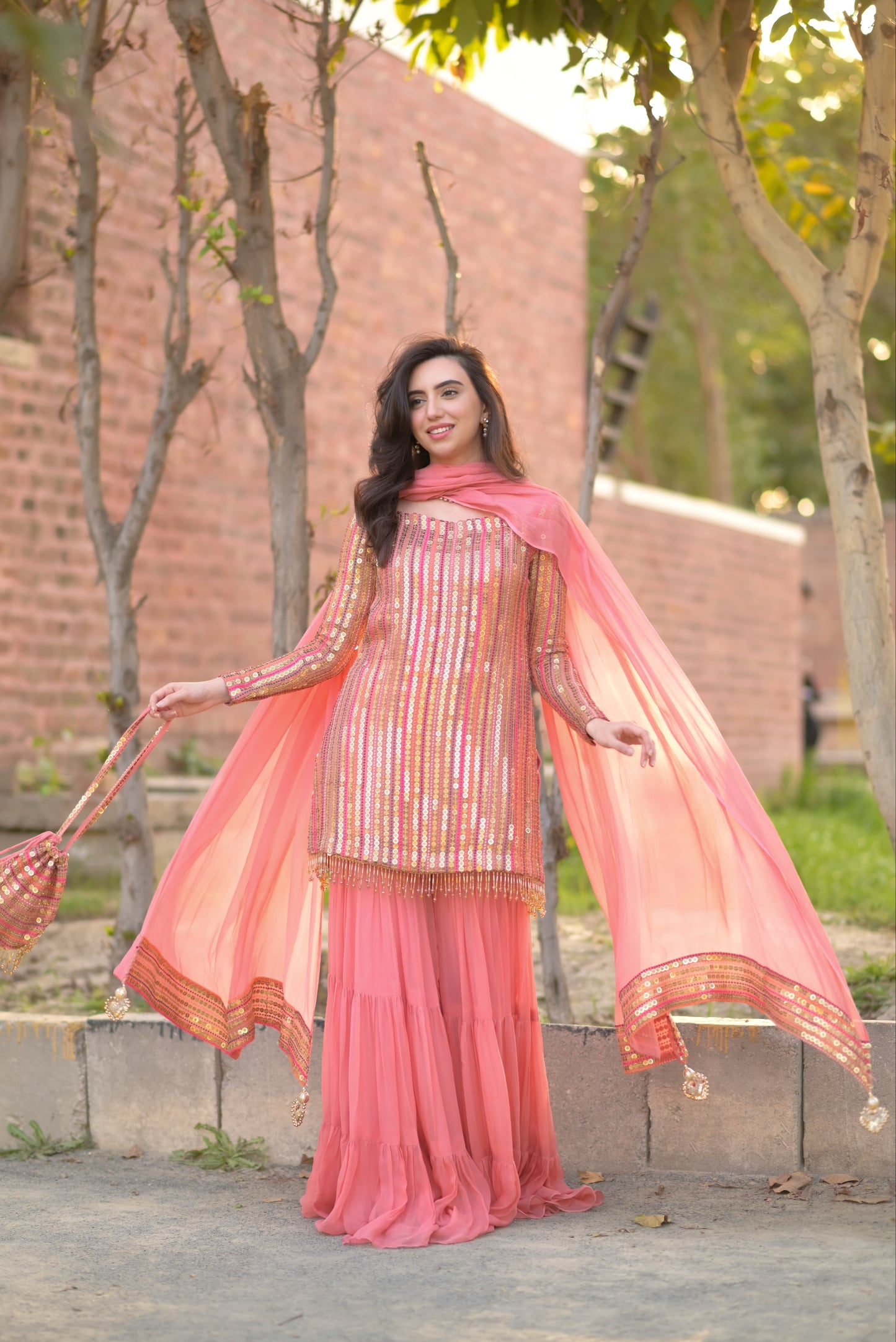 Malikajaan Peach Gharara Set 3pcs