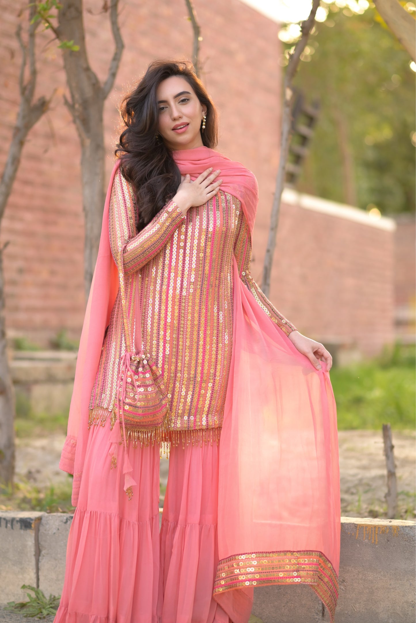 Malikajaan Peach Gharara Set 3pcs