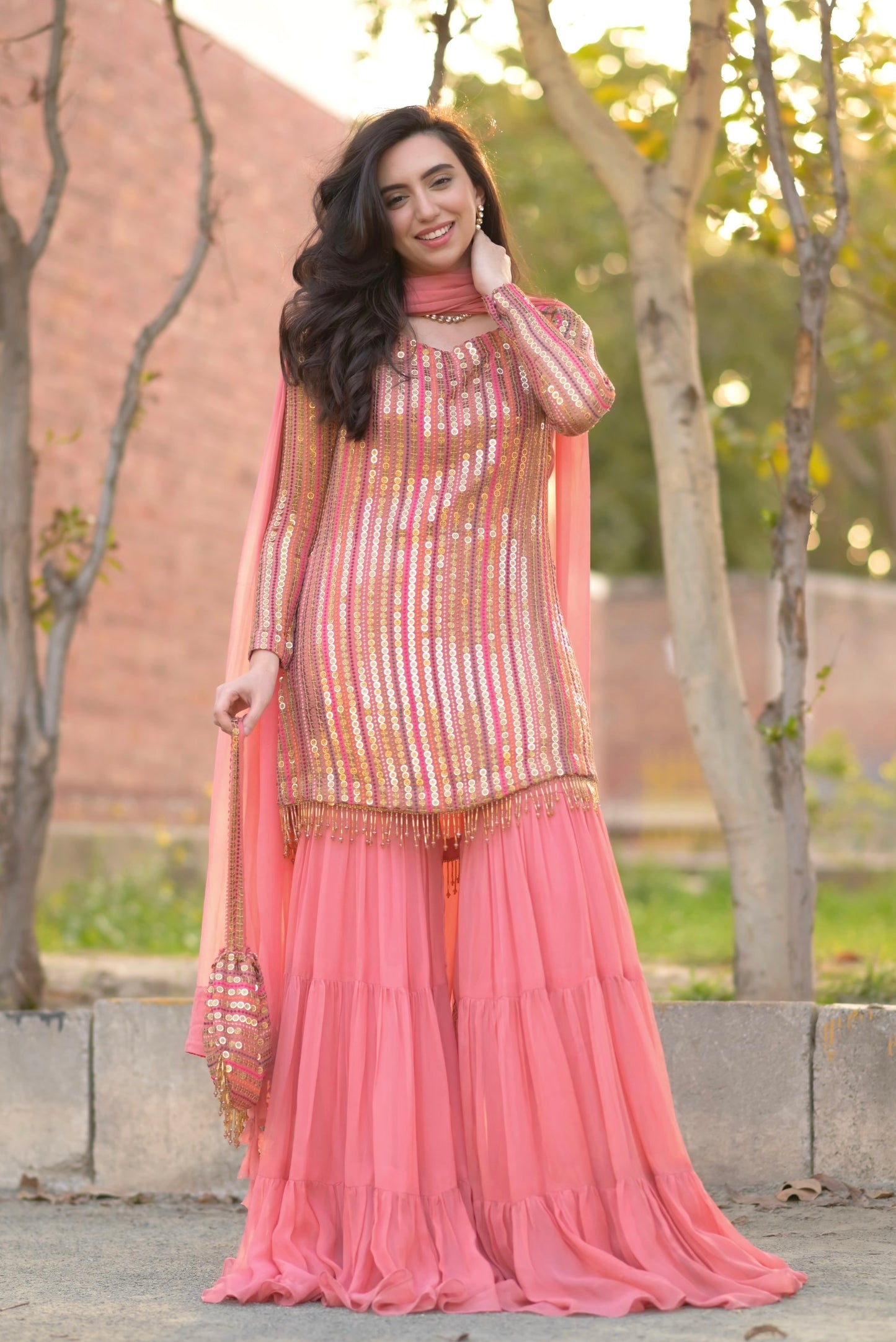 Malikajaan Peach Gharara Set 3pcs