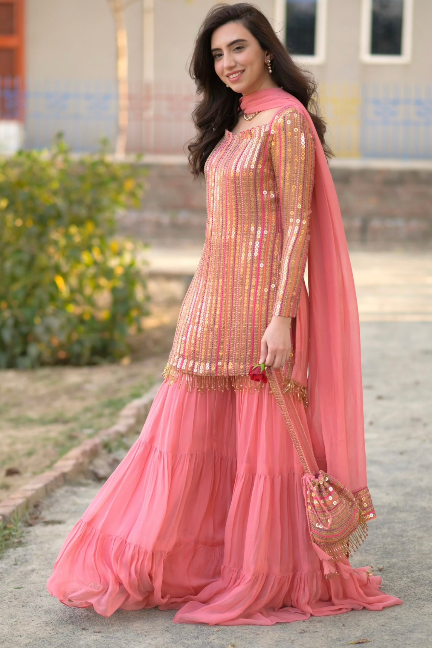 Malikajaan Peach Gharara Set 3pcs