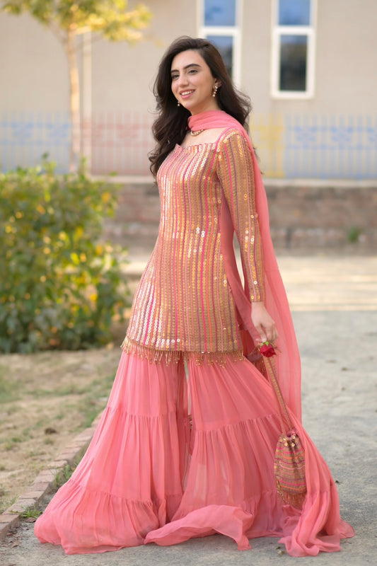 Malikajaan Peach Gharara Set 3pcs