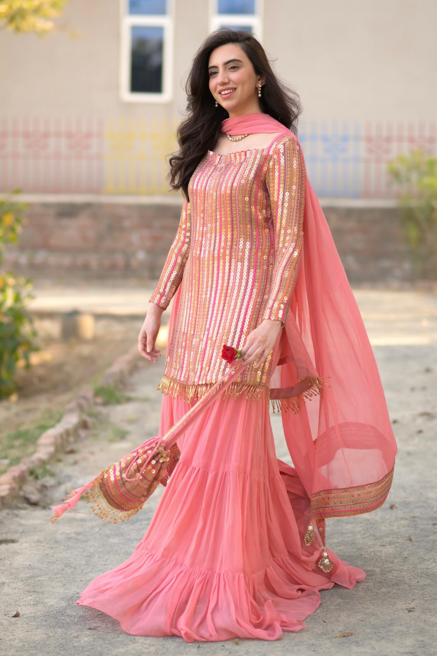 Malikajaan Peach Gharara Set 3pcs